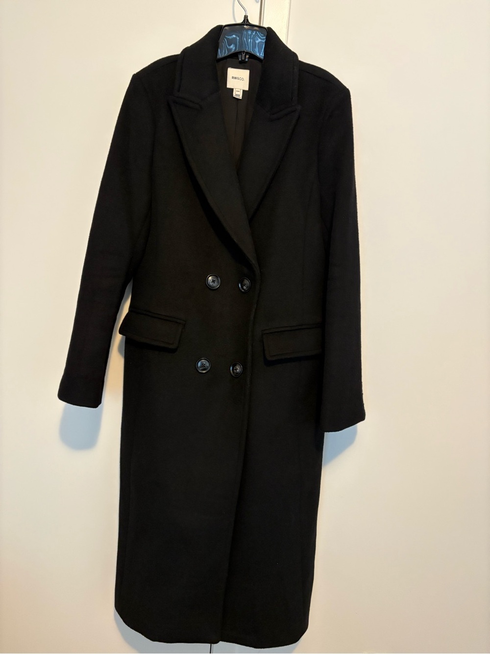 RW&CO. Women's Black Double-Breasted Long Wool Coat